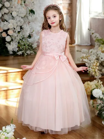 Vestido de Niña de Flores Rosa Sin Mangas Princesa de Malla Pomposa para Boda Fiesta Actuación Con Aplique Floral 3D Lazo de Satén