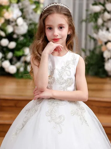 Vintage Satin Flower Girl Dress For Wedding Cute Lace Bow Mesh Fluffy Tulle Ball Gown For Girls Kids Party Formal Dress