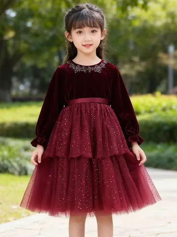 Girls Wine Red Long Sleeve Princess Dress Korean Velvet Mesh Tulle Gown Sequins Birthday Party Performance Formal Dress