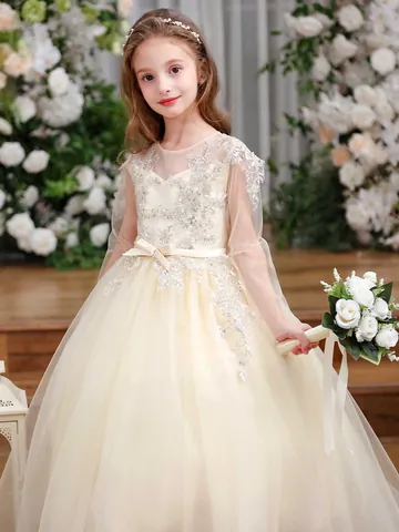 Girls Champagne Lace Sequin Princess Dress Bow Waist Mesh Tulle Elegant Formal Gown Wedding Party Piano Performance Kids Dress