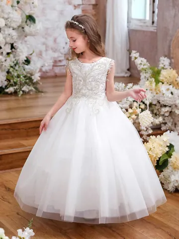 Girls Lace Embroidered Flower Girl Dress Sleeveless Mesh Tulle Wedding Party Formal Princess Ball Gown For Kids Birthday Ceremony