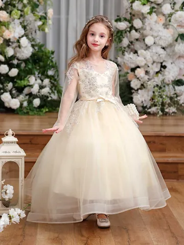 Girls Champagne Lace Sequin Princess Dress Bow Waist Mesh Tulle Elegant Formal Gown Wedding Party Piano Performance Kids Dress