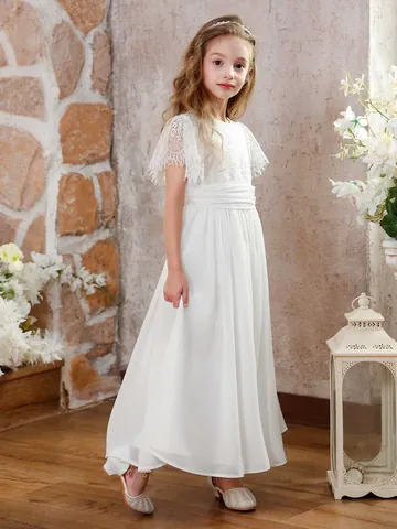 Damen Weißes Spitze Chiffon Prinzessinnenkleid Elegant Blumenmädchen Hochzeit Party Kleid Herz Ausschnitt Hinten Kinder Maxikleid
