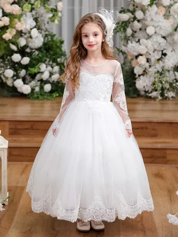 Girls Princess Tulle Wedding Party Dress Lace Embroidery Long Sleeve Flower Girl Gown Formal Performance Birthday Ceremony Dress