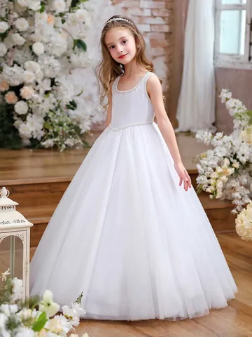 Mädchen Ärmellos Künstliche Perlen Prinzessinnenkleid Weiß Mesh Blumenmädchen Hochzeit Party Formelles Kleid Klavieraufführung Kinderkleid