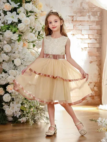 Vestido de Princesa para Niñas de Encaje y Tul Sin Mangas con Cola Vestido de Fiesta de Boda para Niñas Color Oro Champán Lazo