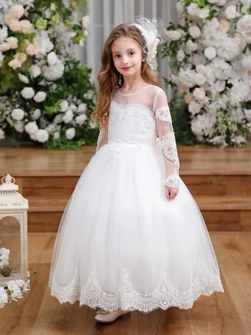 Girls Princess Tulle Wedding Party Dress Lace Embroidery Long Sleeve Flower Girl Gown Formal Performance Birthday Ceremony Dress