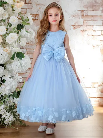 Vestido de Princesa para Niña Encaje Floral Tul Boda Fiesta Formal Sin Mangas Azul Gran Lazo Aplique Bordado Ceremonia Niños