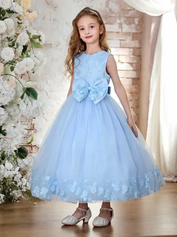 Vestido de Princesa para Niña Encaje Floral Tul Boda Fiesta Formal Sin Mangas Azul Gran Lazo Aplique Bordado Ceremonia Niños