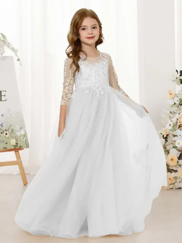Vestido de Princesa de Encaje y Tul Blanco para Niña Manga Larga Boda Fiesta Formal Vestido Largo Niños Ropa Elegante