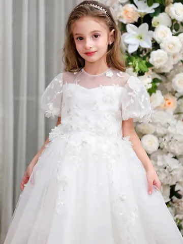 Meisjes Prinses Bruiloft Feestjurk Wit Tulle Kant Borduurwerk 3D Bloem Pofmouw Bruidsmeisjesjurk Communie Jurk Voor Kinderen