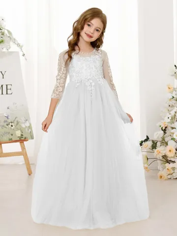 Vestido de Princesa de Encaje y Tul Blanco para Niña Manga Larga Boda Fiesta Formal Vestido Largo Niños Ropa Elegante