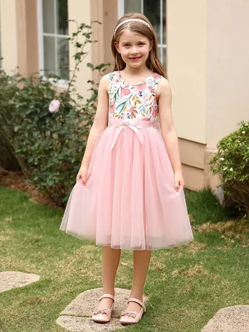 Mädchen Blumen Prinzessin Kleid Ärmellos Tüll Tutu Hochzeit Party Kleider Mit Schleife Bund Sommer Casual Kinderbekleidung