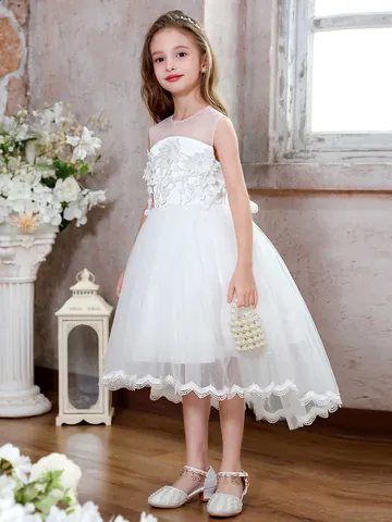 Abito da Ragazza Principessa in Pizzo Rete con Strascico Ricamo Floreale Asimmetrico Abito da Sera per Matrimonio Spettacolo Festa