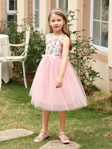 Mädchen Blumen Prinzessin Kleid Ärmellos Tüll Tutu Hochzeit Party Kleider Mit Schleife Bund Sommer Casual Kinderbekleidung