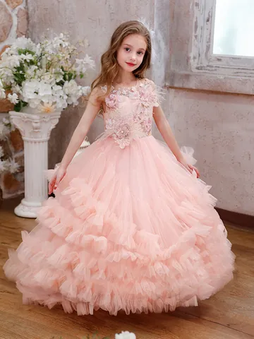 Luxus Rosa Mädchen Prinzessin Tüllkleid Stickerei Feder Pailletten High End Schleppe Geburtstag Party Aufführung Ballkleid