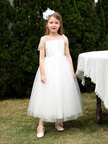 Girls Star Sequins Tulle Princess Dress Spaghetti Strap Bow Flower Girl Wedding Party Ball Gown For Kids Toddler