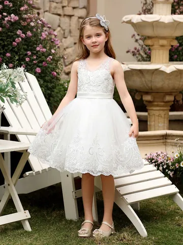 Mädchen Prinzessin Abendkleid Spitze Netz Tüll Ärmellos Schleife Hochzeit Geburtstag Party Stickerei Blumenmädchen Kleid