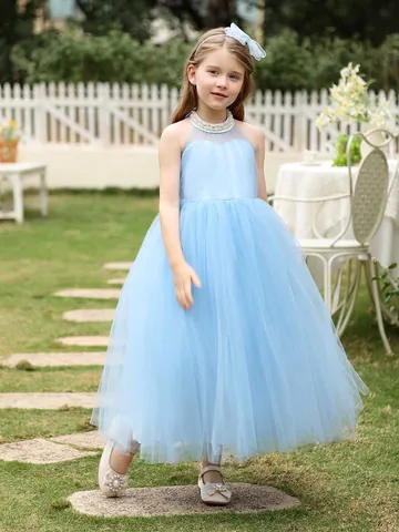 Vestido de Princesa de Tul con Cuello Halter y Espalda Descubierta para Niñas con Perlas Vestido de Dama de Honor para Boda Fiesta Niños Ropa Formal