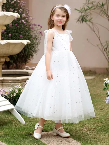 Girls Star Sequins Tulle Princess Dress Spaghetti Strap Bow Flower Girl Wedding Party Ball Gown For Kids Toddler