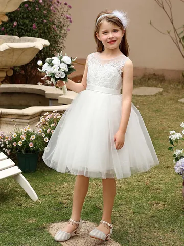 Robe de Princesse en Dentelle Brodée pour Filles Sans Manches en Tulle Maille Robe de Demoiselle d'Honneur pour Mariage Fête