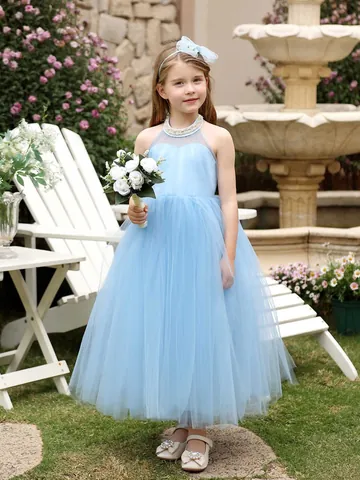 Vestido de Princesa de Tul con Cuello Halter y Espalda Descubierta para Niñas con Perlas Vestido de Dama de Honor para Boda Fiesta Niños Ropa Formal