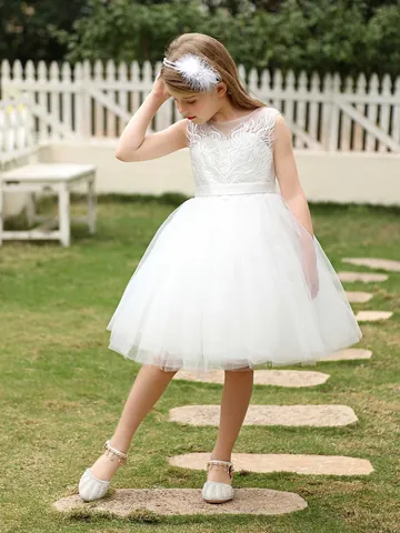 Robe de Princesse en Dentelle Brodée pour Filles Sans Manches en Tulle Maille Robe de Demoiselle d'Honneur pour Mariage Fête