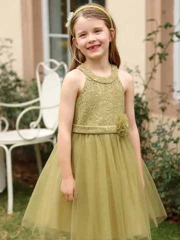 Abito da Principessa in Pizzo e Tulle con Scollo Halter per Bambine Senza Maniche a Strati Linea a A per Feste Cerimonie