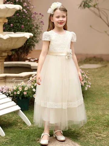 Girls Princess Flower Girl Dress Lace Mesh Embroidery Puffy Gown For Wedding Party Formal Birthday Elegant Kids Catwalk Dress