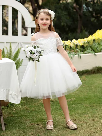 Girls White Lace Tulle Party Dress Princess Flower Girl Wedding Dress Cold Shoulder Mesh Tutu Gown Elegant Birthday Apparel