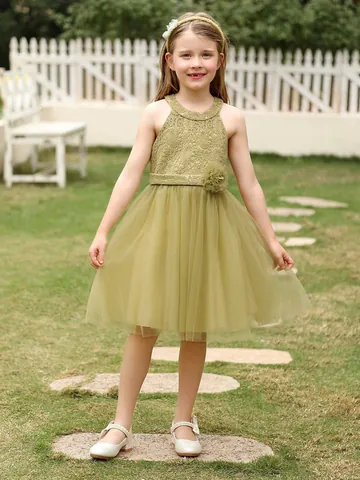 Abito da Principessa in Pizzo e Tulle con Scollo Halter per Bambine Senza Maniche a Strati Linea a A per Feste Cerimonie