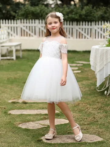 Girls White Lace Tulle Party Dress Princess Flower Girl Wedding Dress Cold Shoulder Mesh Tutu Gown Elegant Birthday Apparel