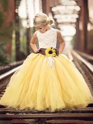 Girls Sunflower Flower Girl Wedding Dress White Lace Yellow Multi Layer Mesh Tutu Princess Party Gown