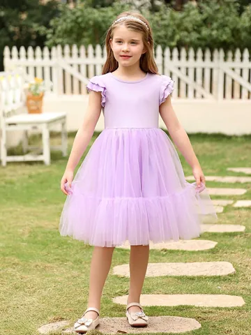 Vestido de Princesa para Niña Púrpura de Malla Tutu con Manga de Volante Vestido de Tul para Dama de Honor Boda Fiesta Cumpleaños