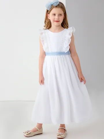 Abito da Ragazza in Raso Bianco con Pizzo e Tulle Elegante Fiocco Abito da Damigella per Matrimonio Festa Cerimonia Abbigliamento Bambina