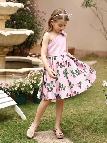 Mädchen Rosa Blumen Satin Ein Schulter Prinzessin Kleid Mit Schleife Für Hochzeit Party Formelle Blumenmädchen Kleid