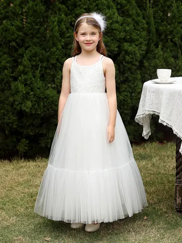 Girls Lace Tulle Puffy Princess Dress Spaghetti Strap Flower Girl Formal Gown Performance Birthday Ceremony Wedding Long Skirt