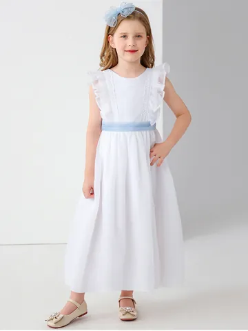 Abito da Ragazza in Raso Bianco con Pizzo e Tulle Elegante Fiocco Abito da Damigella per Matrimonio Festa Cerimonia Abbigliamento Bambina