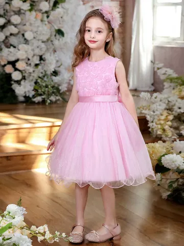 Vestido de Princesa Rosa para Niña Sin Mangas Flores 3D Tutu de Malla para Boda Fiesta Ceremonia Con Gran Lazo en la Espalda