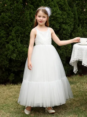 Girls Lace Tulle Puffy Princess Dress Spaghetti Strap Flower Girl Formal Gown Performance Birthday Ceremony Wedding Long Skirt