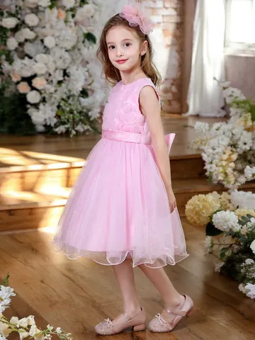 Vestido de Princesa Rosa para Niña Sin Mangas Flores 3D Tutu de Malla para Boda Fiesta Ceremonia Con Gran Lazo en la Espalda