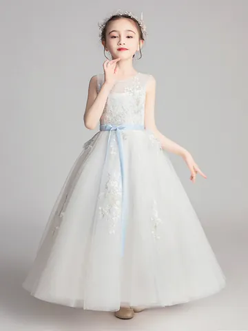 Girls Princess Lace Tulle Dress White Formal Wedding Party Flower Girl Gown With Blue Ribbon Bow Sweet Birthday Performance Dress
