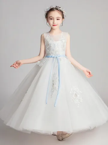 Girls Princess Lace Tulle Dress White Formal Wedding Party Flower Girl Gown With Blue Ribbon Bow Sweet Birthday Performance Dress
