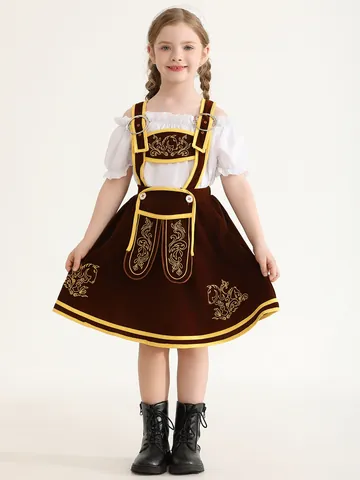 Kids German Oktoberfest Traditional Costume Shirt And Suspender Skirt Girls Boys Halloween Performance Party Wear