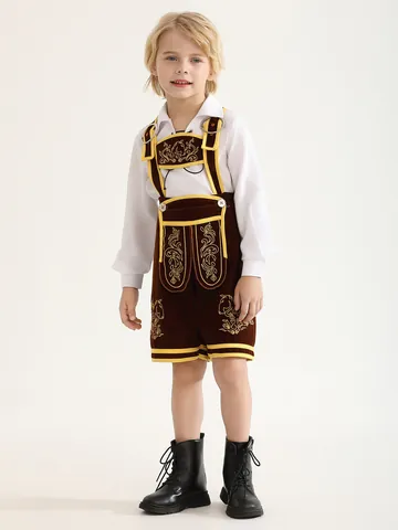 Kids Oktoberfest Bavarian Costume Set Traditional German Lederhosen Outfit White Shirt Suspender Pants Dress For Boys Girls