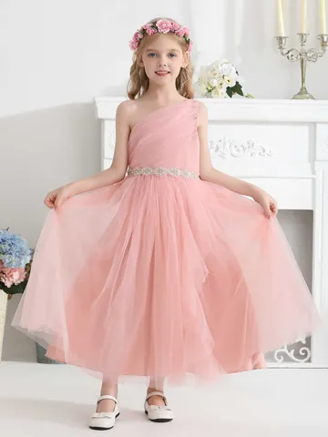 Vestido de Princesa de Tul de Malla de un Hombro para Niñas Cinturón de Perlas y Strass Boda Cumpleaños Fiesta Formal