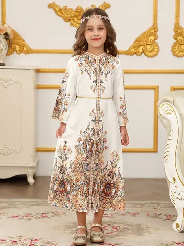 Vestido Abaya Kaftan para Niñas del Medio Oriente Estampado Floral Manga Larga Túnica Étnica Con Cinturón para Fiesta Boda