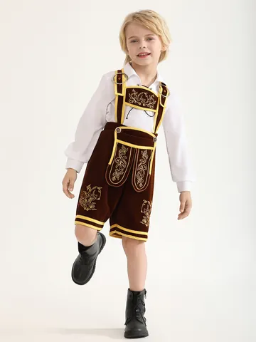 Kids Oktoberfest Bavarian Costume Set Traditional German Lederhosen Outfit White Shirt Suspender Pants Dress For Boys Girls