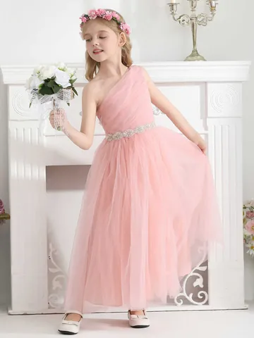 Vestido de Princesa de Tul de Malla de un Hombro para Niñas Cinturón de Perlas y Strass Boda Cumpleaños Fiesta Formal