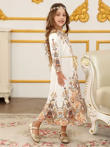 Vestido Abaya Kaftan para Niñas del Medio Oriente Estampado Floral Manga Larga Túnica Étnica Con Cinturón para Fiesta Boda